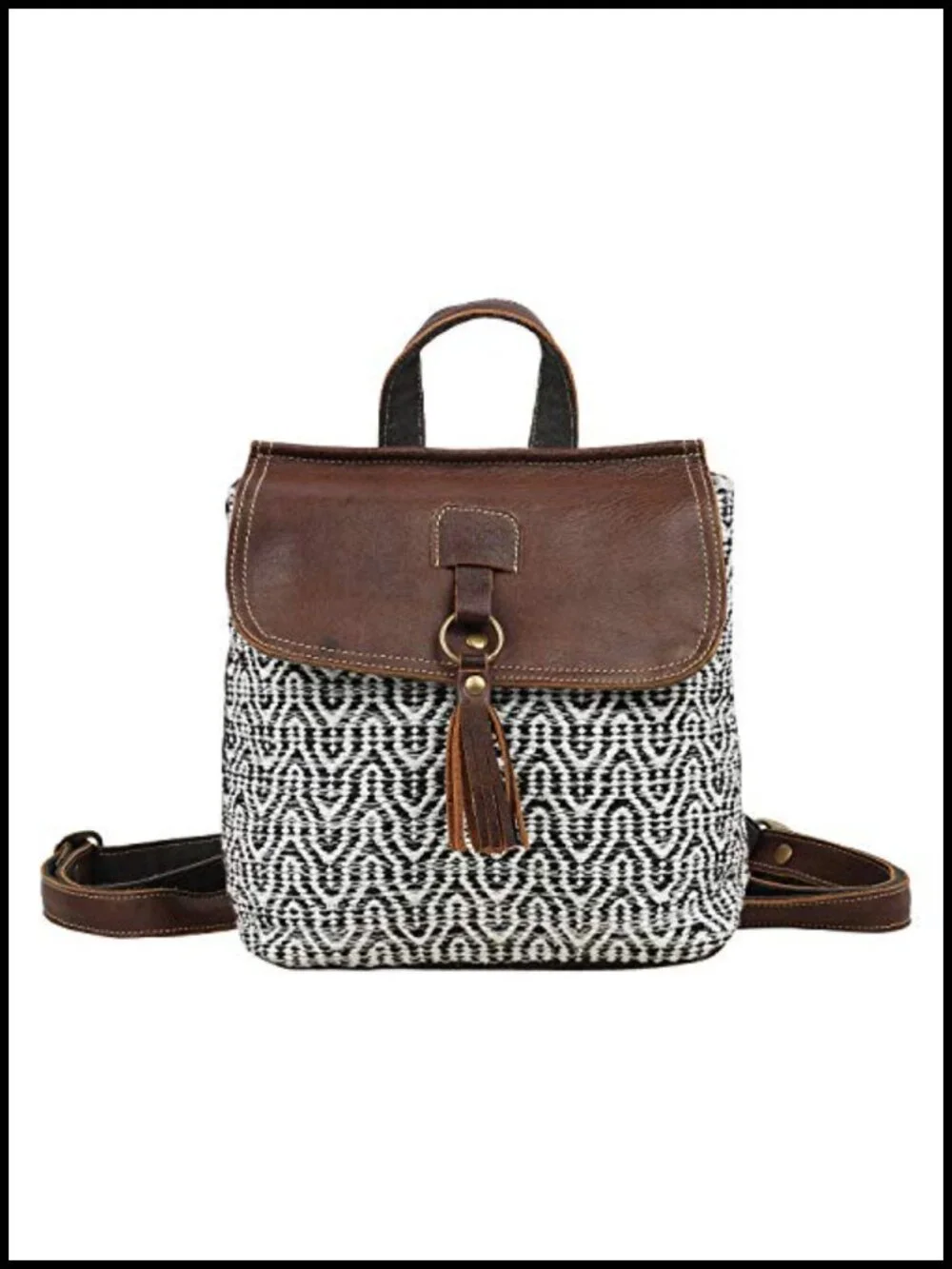 Canvas Geometric Boho Hobo Bag with Buffalo Leather Strap